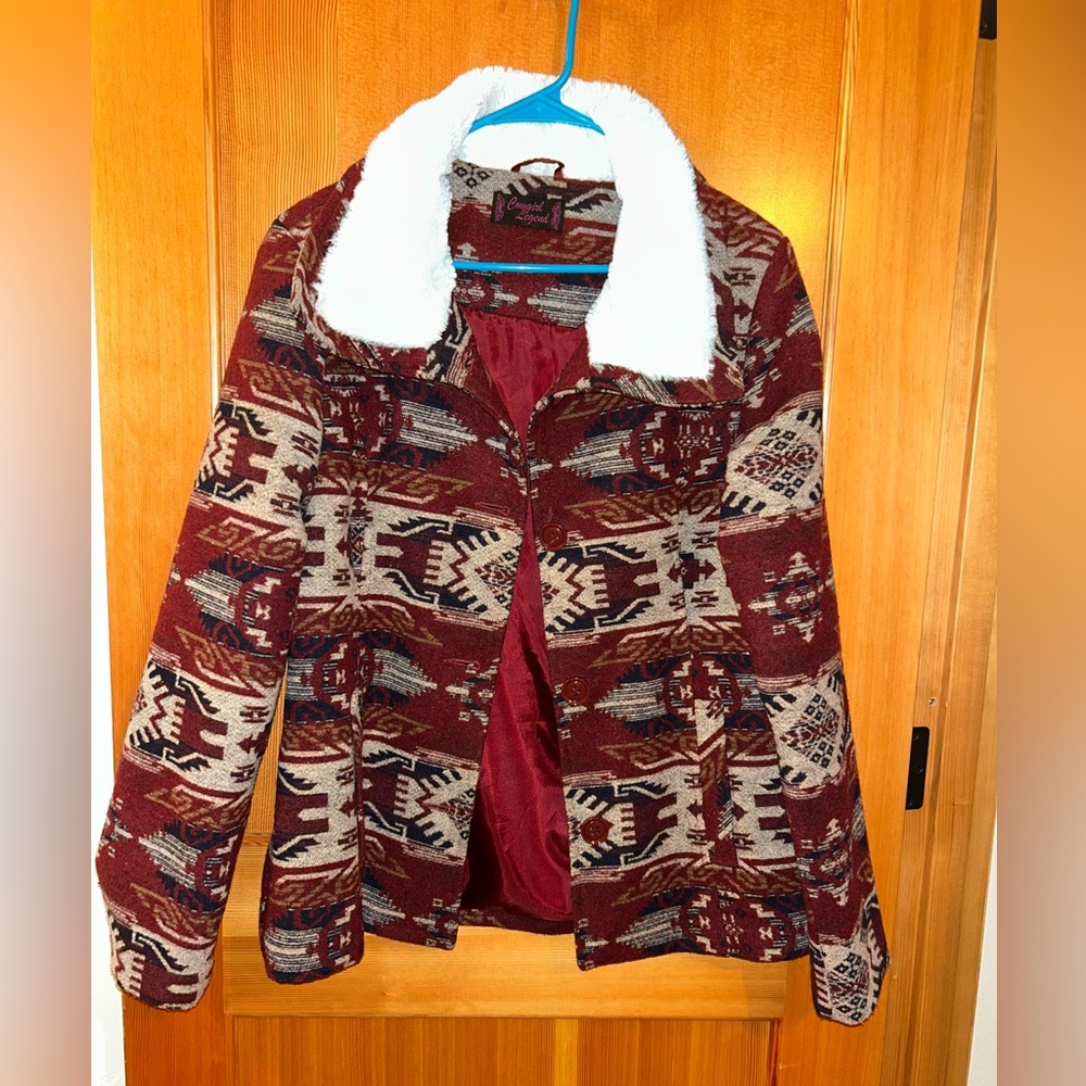 Women’s Size L Cowgirl Legend Maroon Southwestern Print Jacket Wool/cotton